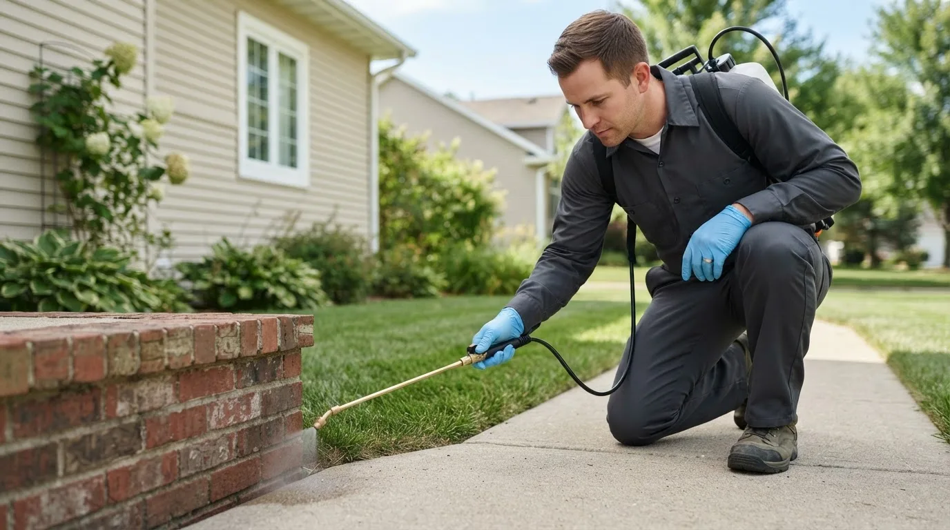Pest control technician treating a home near Stokes, NC